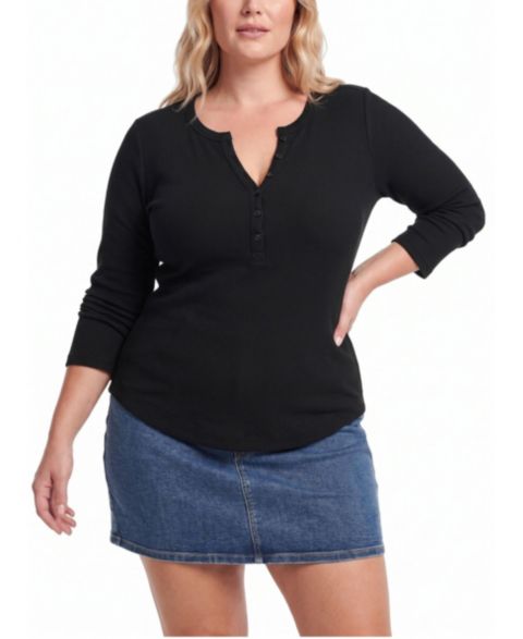 Женский топ Torrid Plus Size Thermal V-Neck 3/4-Sleeve Henley, цвет: Глубокий чёрный
