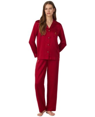Petite Long-Sleeve Notch Collar Satin Top and Pants, 2-Piece Set