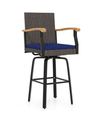 Outdoor Swivel Bar Stool with Acacia Wood Armrests and Cushion