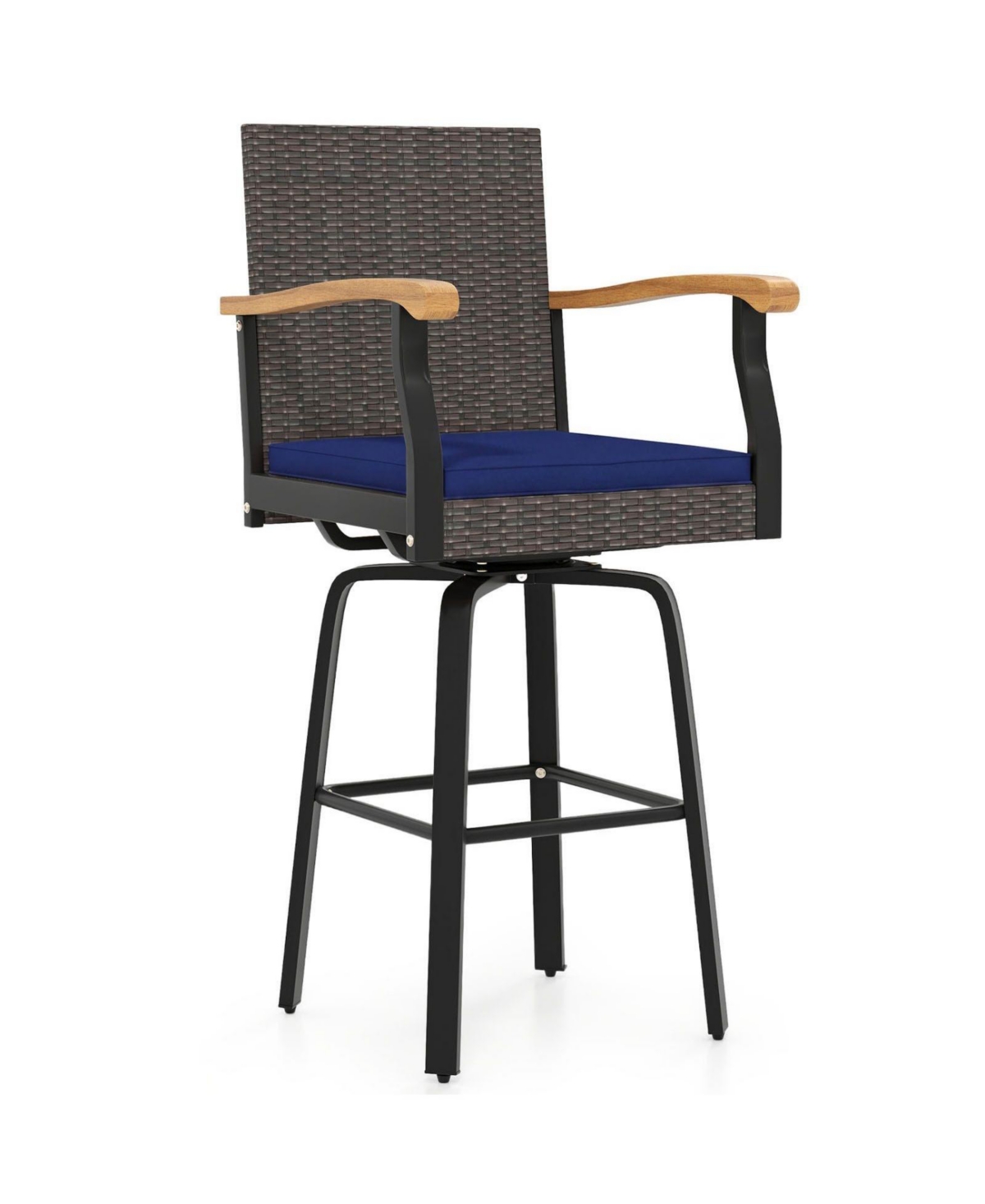 Sugift Outdoor Swivel Bar Stool with Acacia Wood Armrests and Cushion - Brown
