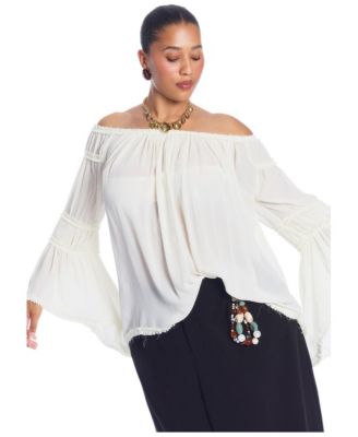 Plus Size Off-The-Shoulder Sheer Long-Sleeve Blouse