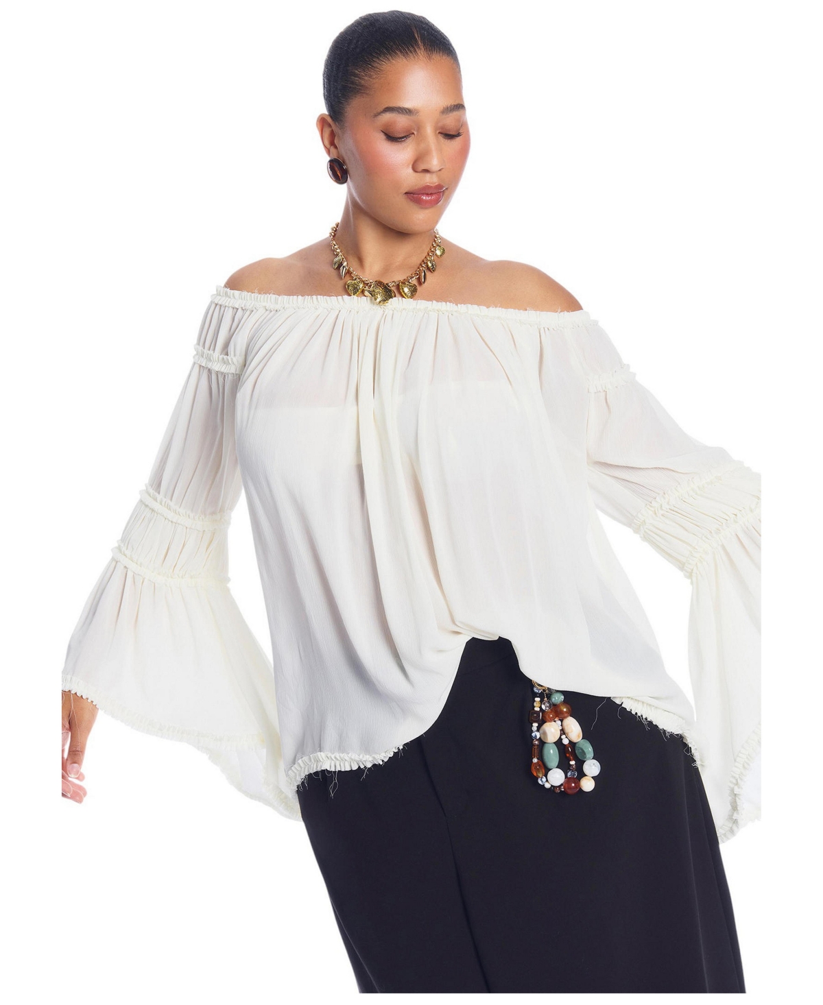 June & Vie Plus Off-The-Shoulder Sheer Long-Sleeve Blouse