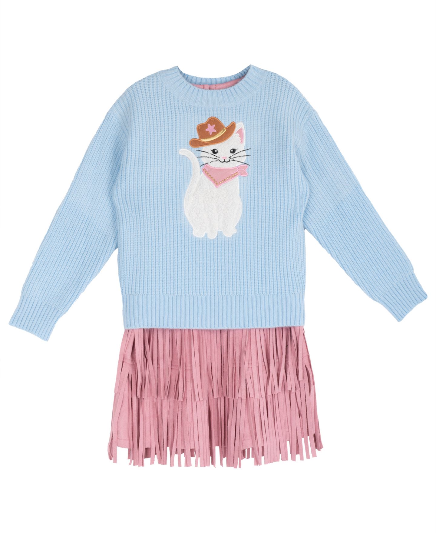 Rare Editions Girls' 2T-6X Cowgirl Cat Appliqué Tiered Graphic Sweater and Short-Sleeve Dress, 2-Piece Set, цвет: Светлый синий — фото 5