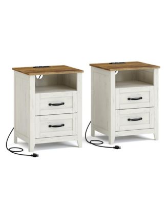Set of 2 Bedside Tables with Charging Stations, 2 Drawers, Nightstands for Bedroom, Open Shelf