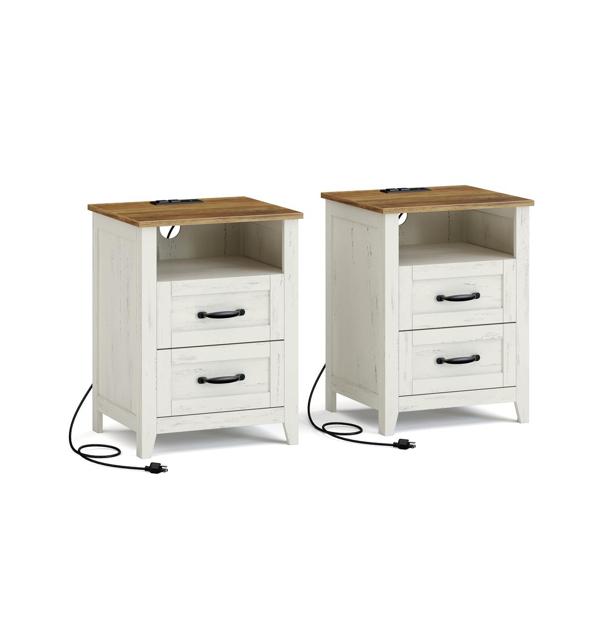 SongmicsHome Set of 2 Bedside Tables with Charging Stations, 2 Drawers, Nightstands for Bedroom, Open Shelf
