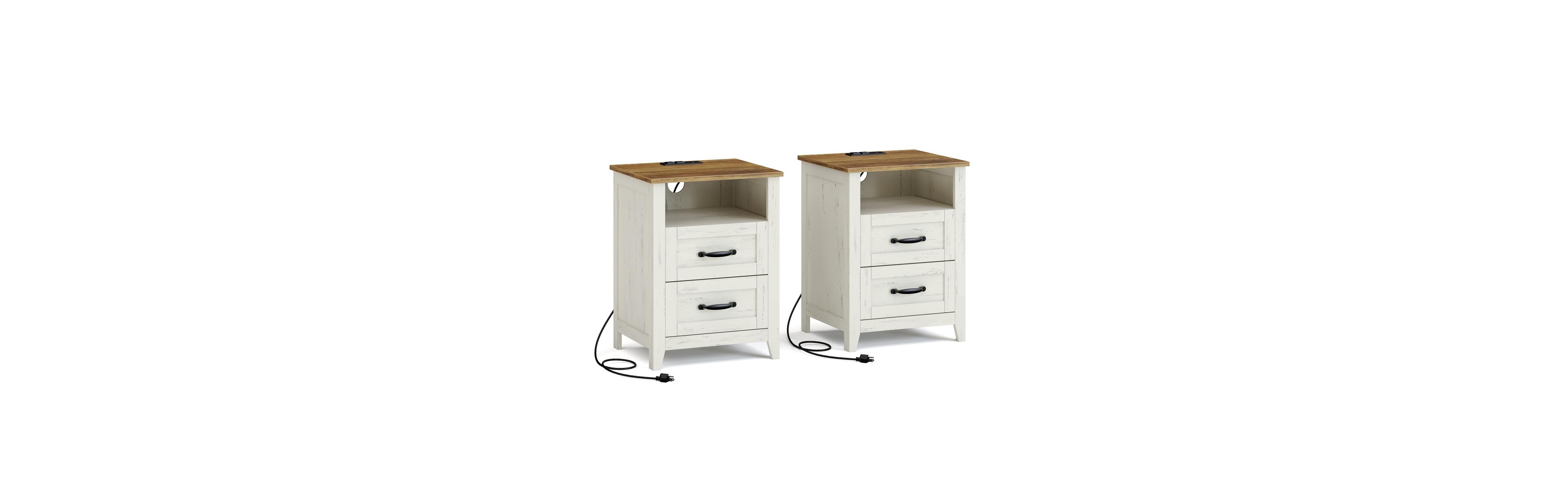 SongmicsHome Set of 2 Bedside Tables with Charging Stations, 2 Drawers, Nightstands for Bedroom, Open Shelf