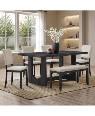 6-Piece Wooden Dining Table Set with Bench and 4 Upholstered Chairs