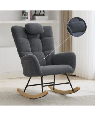 Upholstered Rocking Chair for Bedroom Nursery, High Back Glider Rocker with Removable Pillow and Side Pocket, Accent Armchair