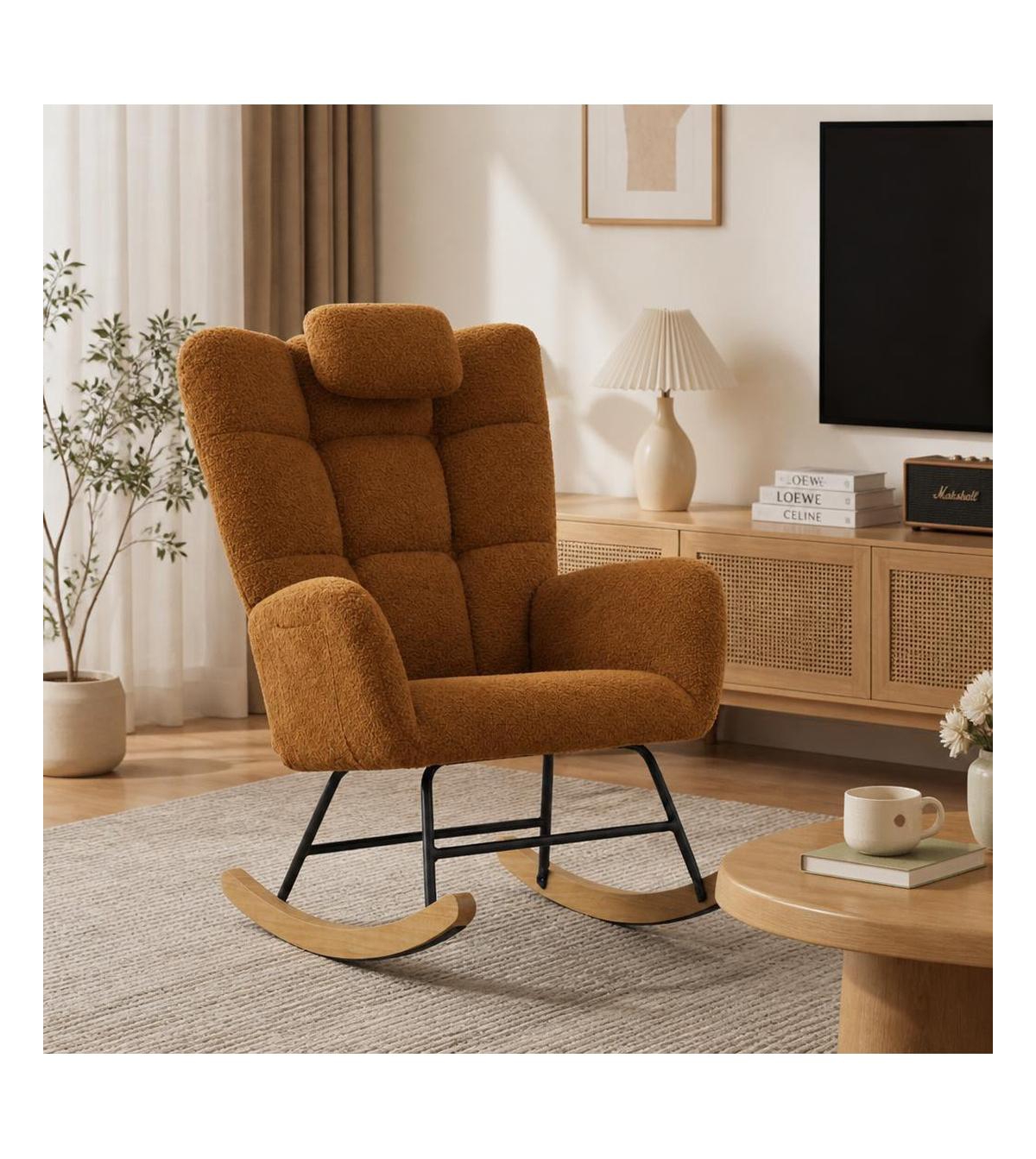 homfan Upholstered Rocking Chair for Bedroom Nursery, High Back Glider Rocker with Removable Pillow and Side Pocket, Accent Armchair