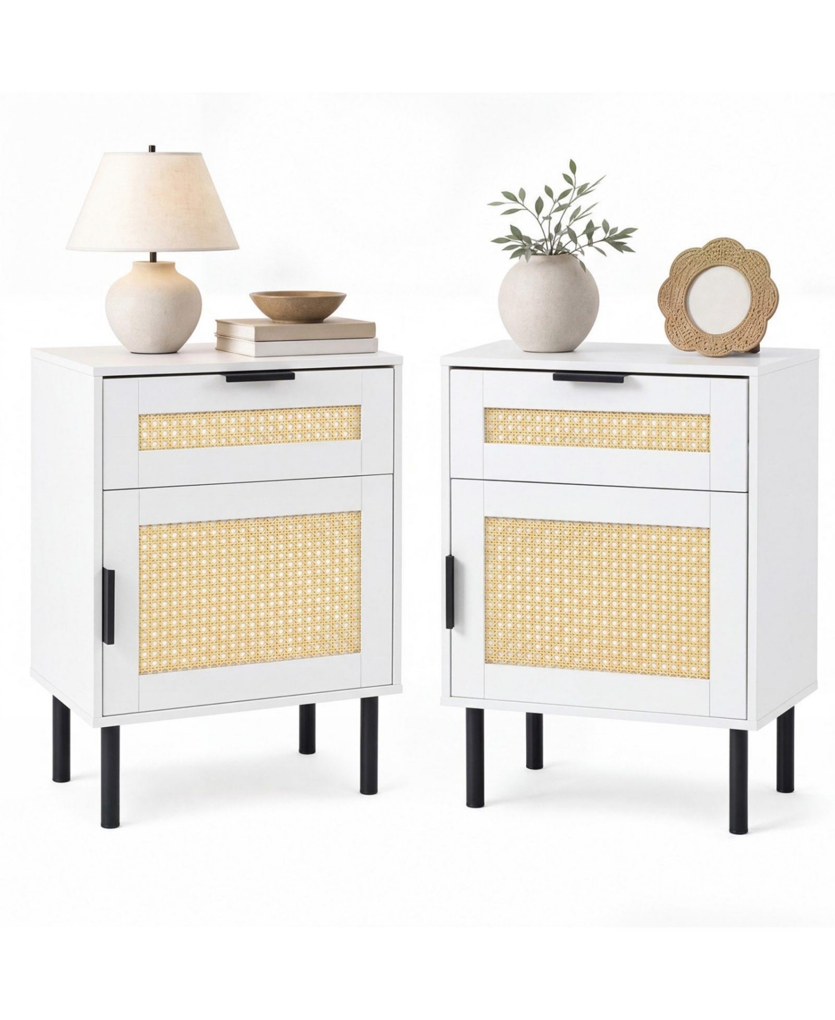 Sugift Set of 2 Rattan Nightstands with Drawer and Cabinet Storage