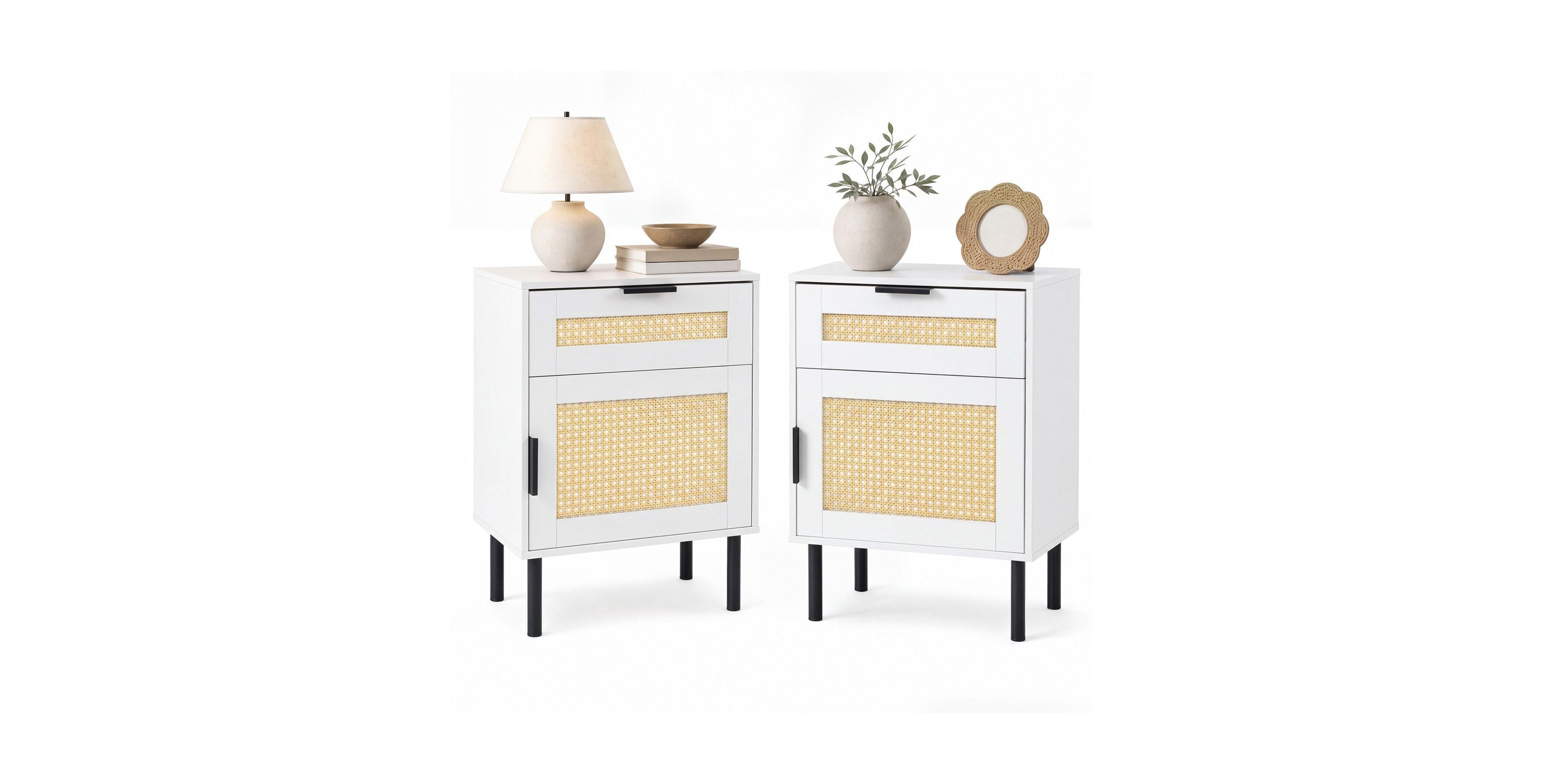 Sugift Set of 2 Rattan Nightstands with Drawer and Cabinet Storage