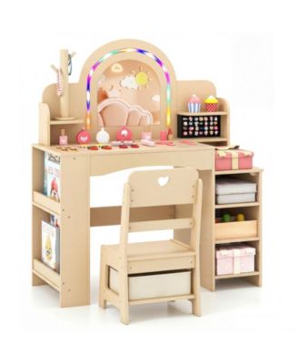 Kids Vanity Set with 4-Color LED Mirror and Storage Chair Ages 3 and Up