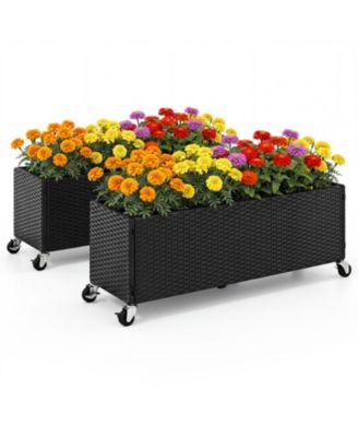 Set of 2 PE Rattan Rolling Planter Boxes with Liner and Lockable Casters