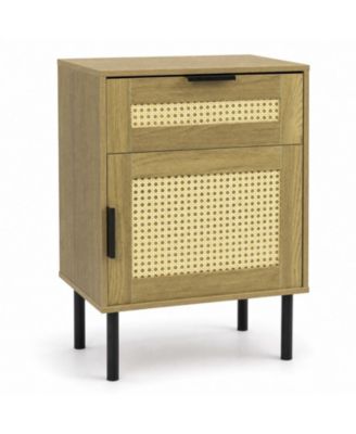 Rattan Nightstand with Drawer and Enclosed Storage Cabinet