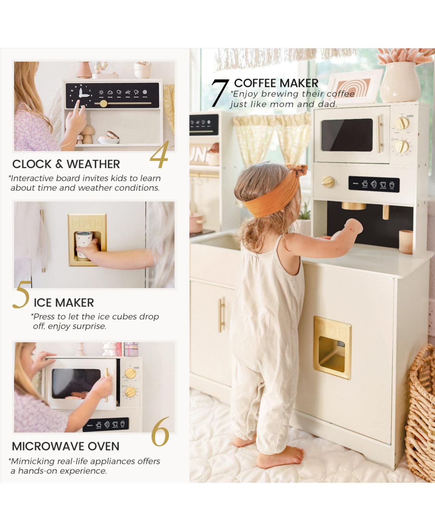 Детские игрушки Tiny Land Iconic Wooden Play Kitchen - Cream Pretend Cooking Set for Kids — фото 10