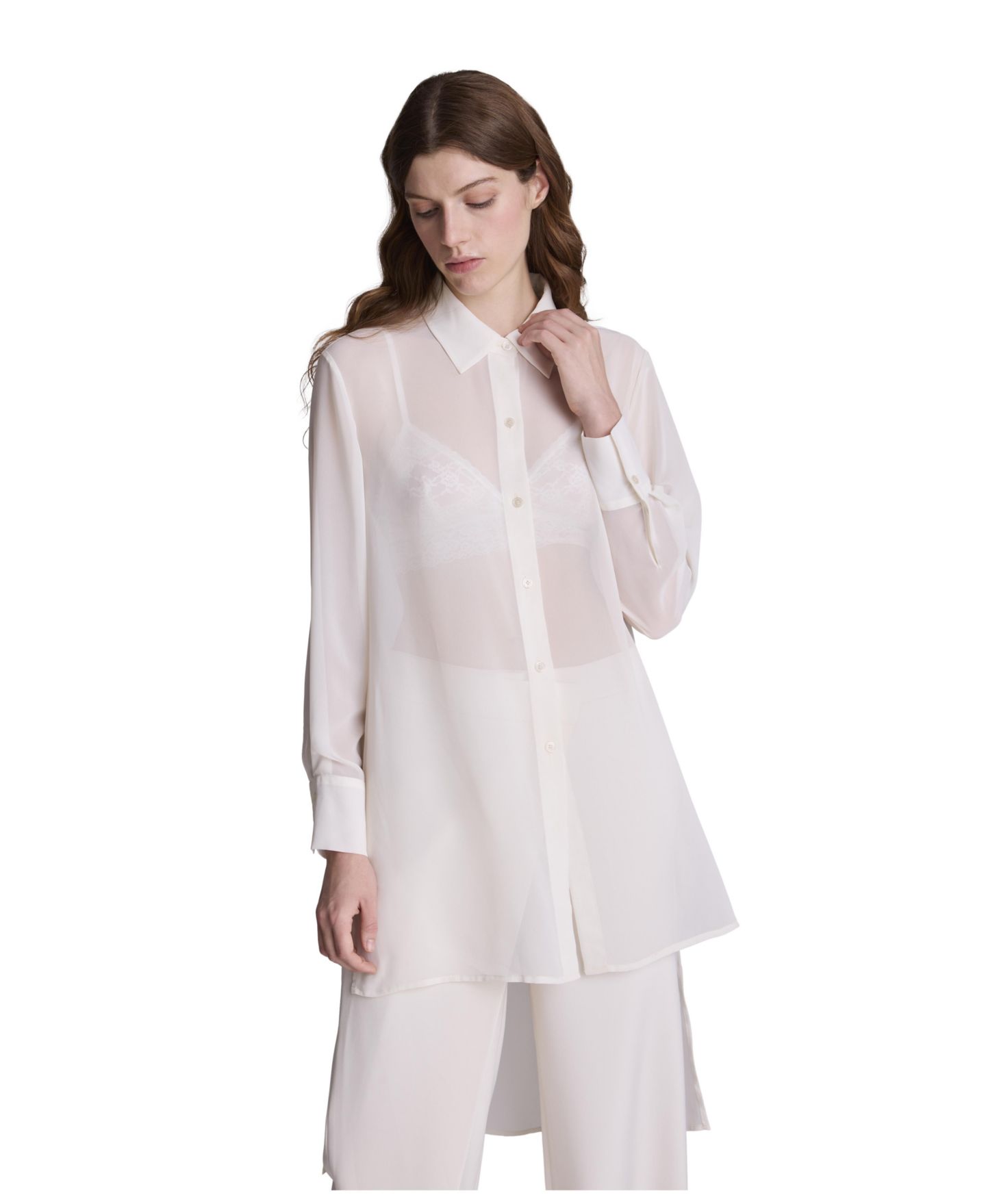 Женская блузка Kenneth Cole Long-Sleeve Chiffon High-Low Hem, цвет: Устричный — фото 1