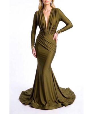 Women's Plunge V-Neck Ruched Mermaid Long-Sleeve Gown