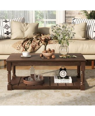 Farmhouse Wooden Coffee Table with Slatted Shelf and Turned Legs
