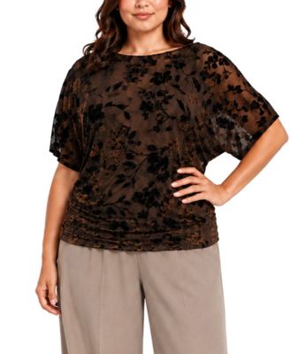 Plus Size Boat Neck Batwing Sleeve Velvet Blouse