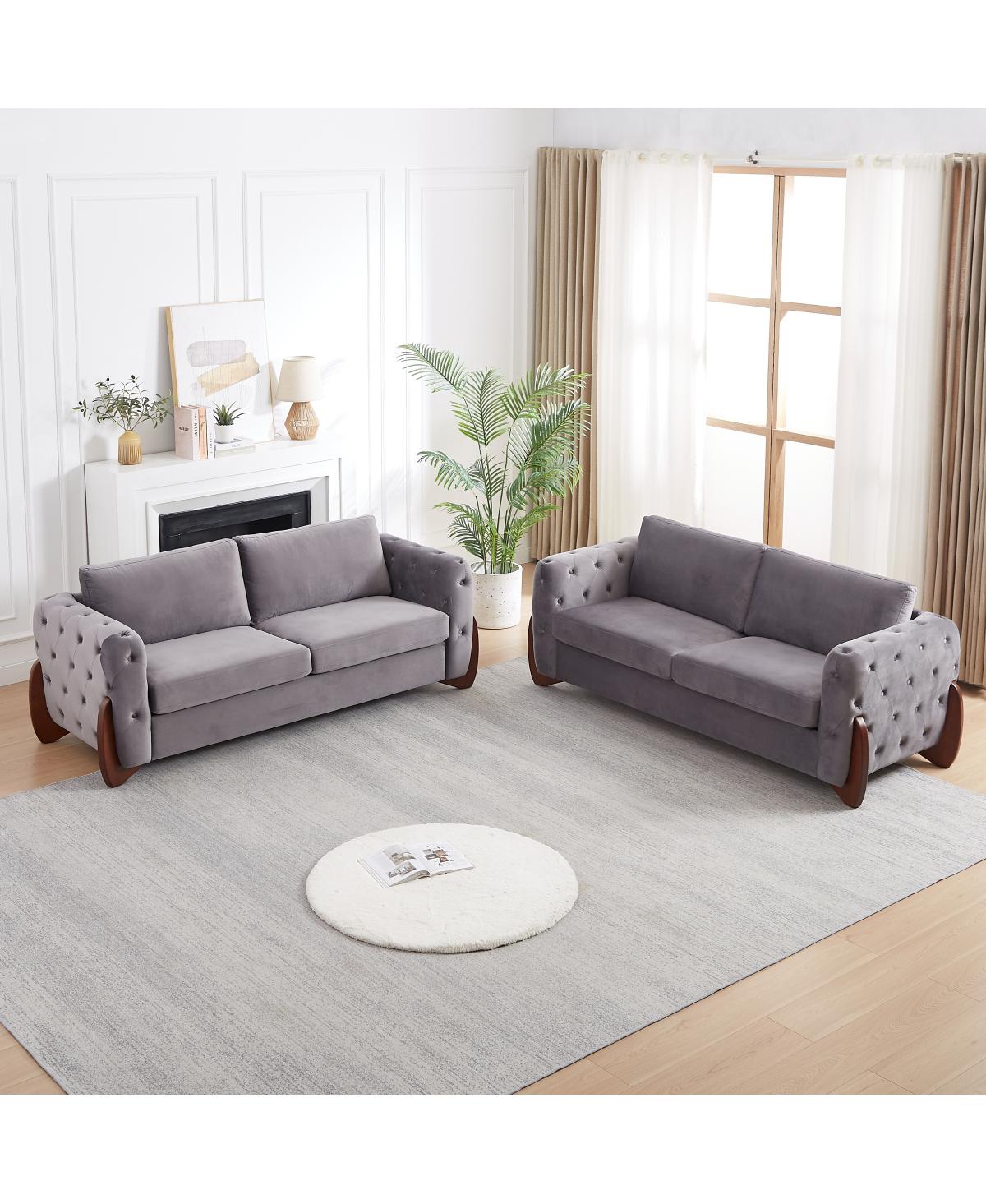 Streamdale Furniture 84-Inch Classic Velvet Tufted Sofa with Curved Legs - 2-Piece Set - Grey