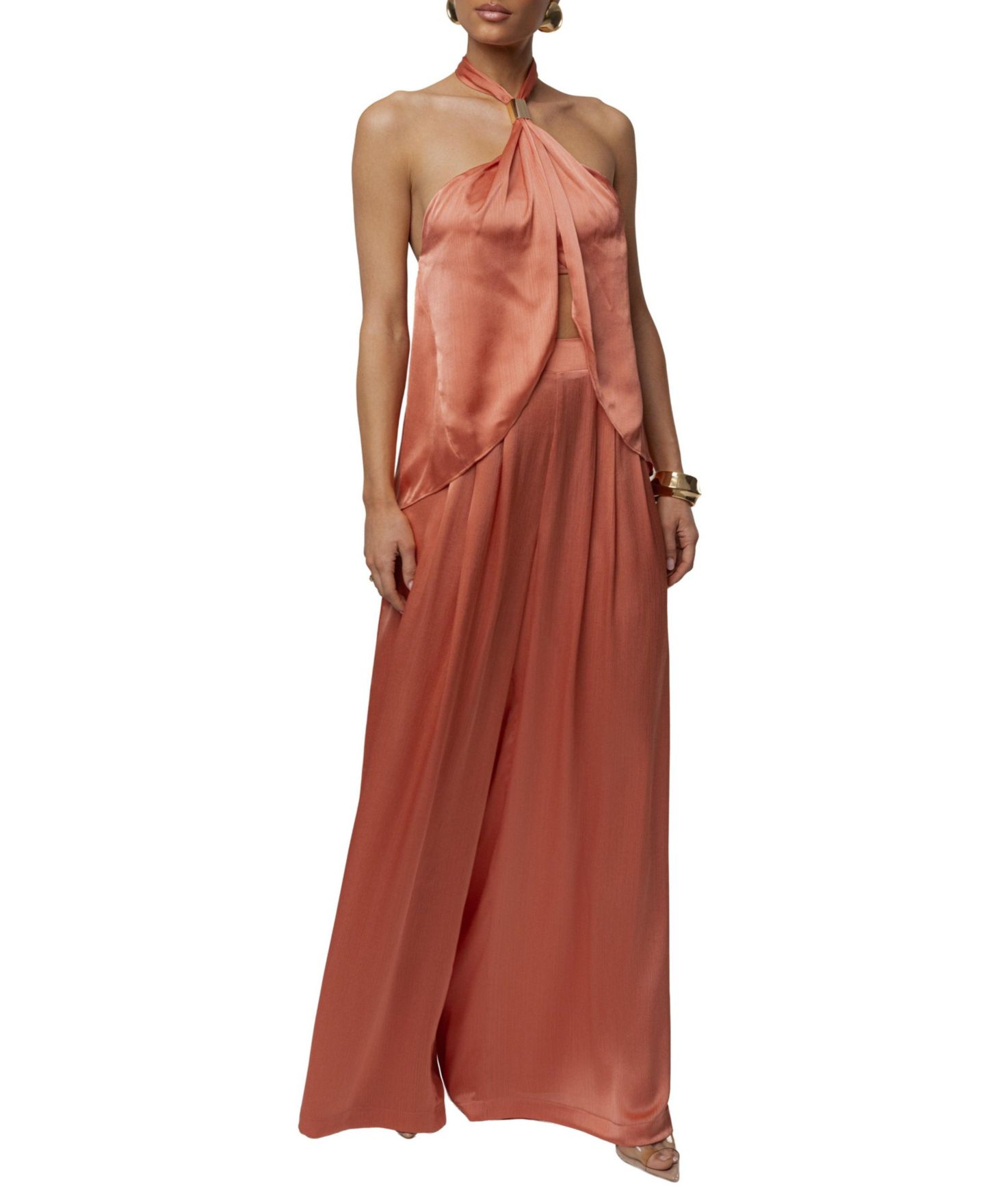 Женский комплект JLUXLABEL Cascade Halter-Neck Wide-Leg Satin Blouse and Pants, 2-Piece Set, цвет: Лососевый — фото 7