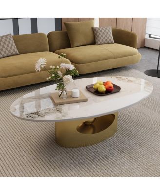 49.2" Faux Marble Oval Coffee Table, Stainless Steel Base