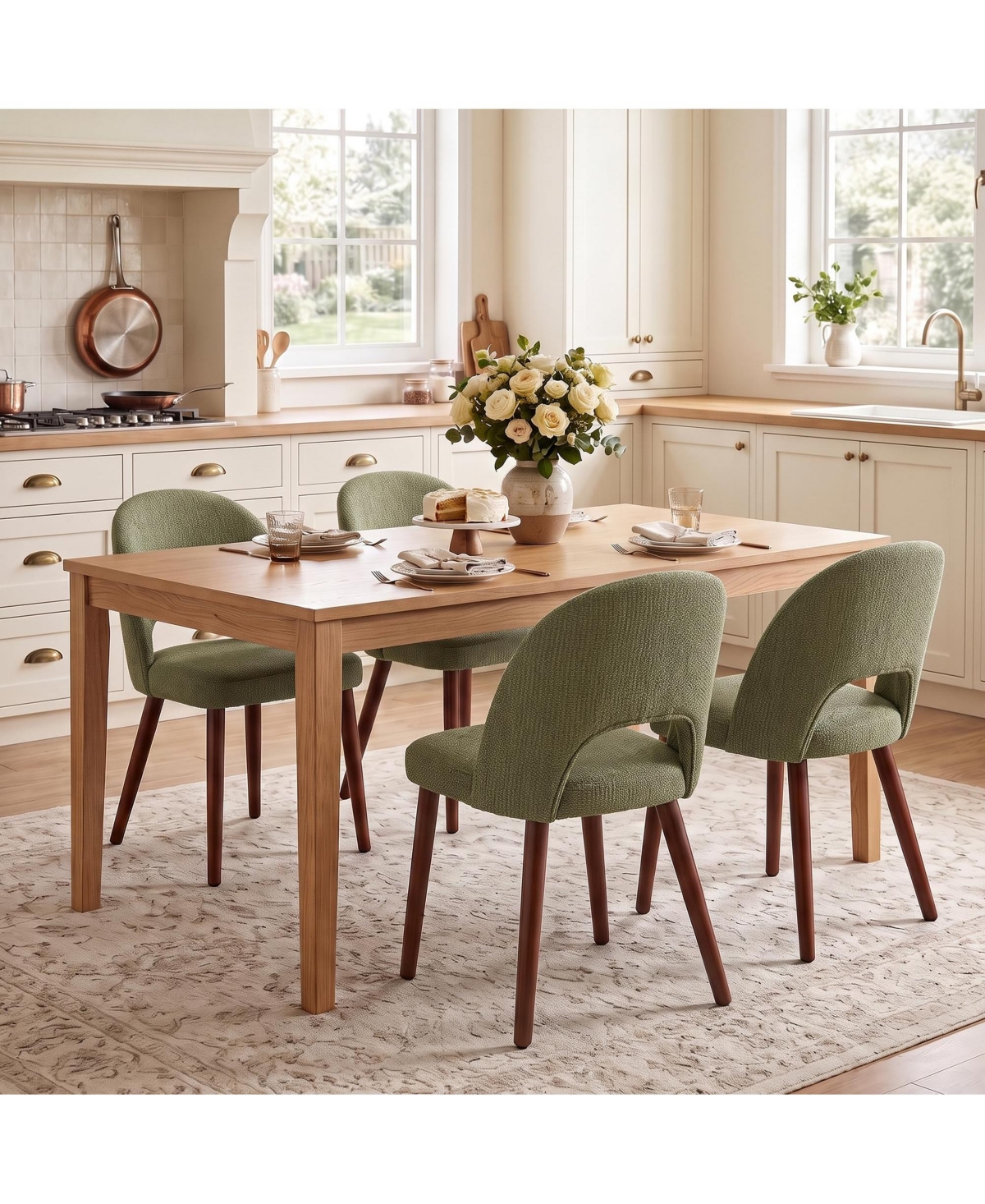 homfan Upholstered Dining Chairs Mid-Century Modern Accent Chair with Open Back and Sturdy Wood Legs - Green