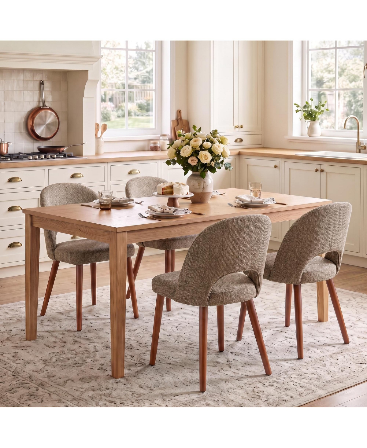 homfan Upholstered Dining Chairs Mid-Century Modern Accent Chair with Open Back and Sturdy Wood Legs - Brown