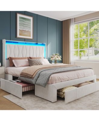 Full Size Upholstered Velvet Platform Bed Frame with LED Light, Drawers and Charging Station