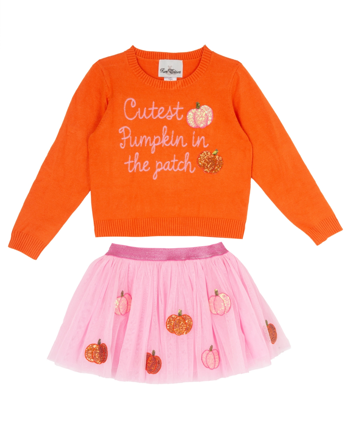 Rare Editions Girls' 4-16 Cutest Pumpkin Embroidered Long-Sleeve Sweater and Tutu Mesh Skirt, 2-Piece Set