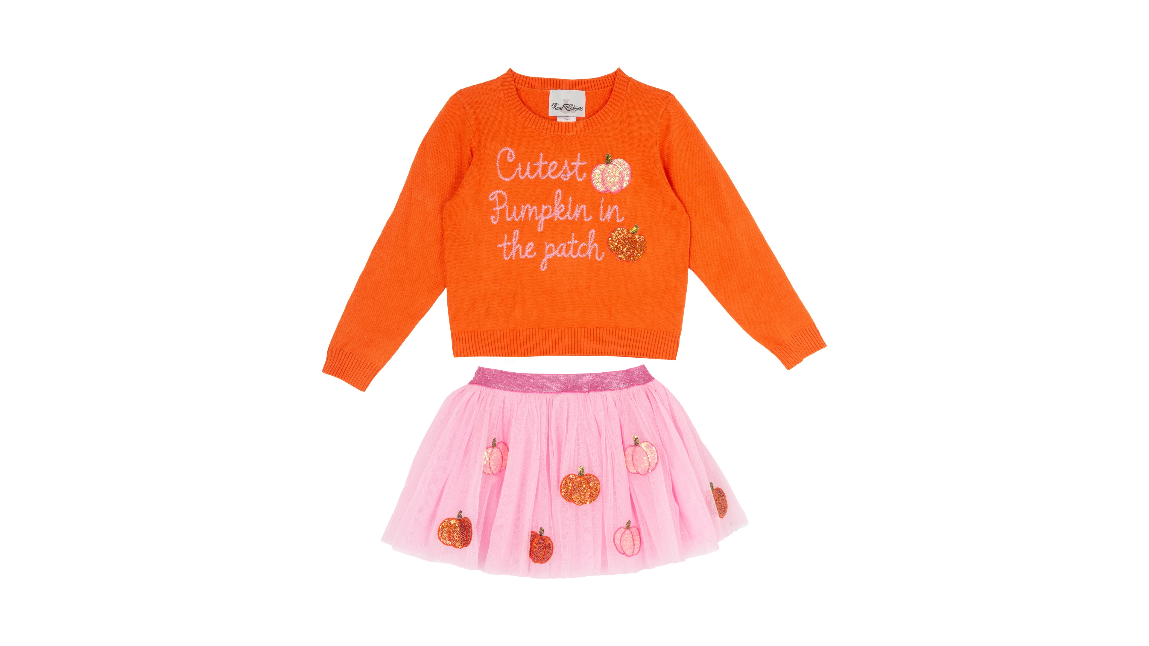 Rare Editions Girls' 4-16 Cutest Pumpkin Embroidered Long-Sleeve Sweater and Tutu Mesh Skirt, 2-Piece Set