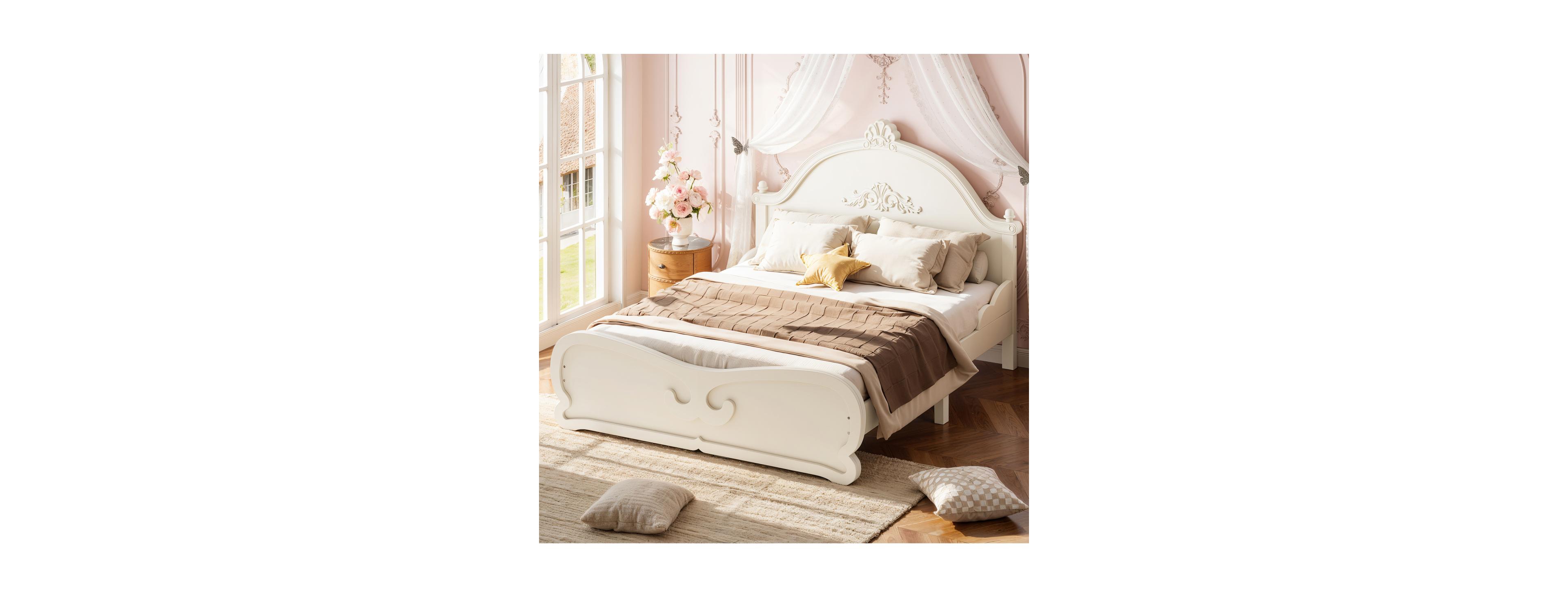 Streamdale Furniture Full Vintage Carved Solid Wood Platform Bed with Headboard