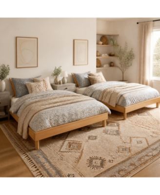 Set of 2 Wood Platform Bed Frame, MDF Wood & Metal Wood Finish, 7.3" Under-Bed Storage, Wooden Slat Support, No Box Spring Needed for Bedroom