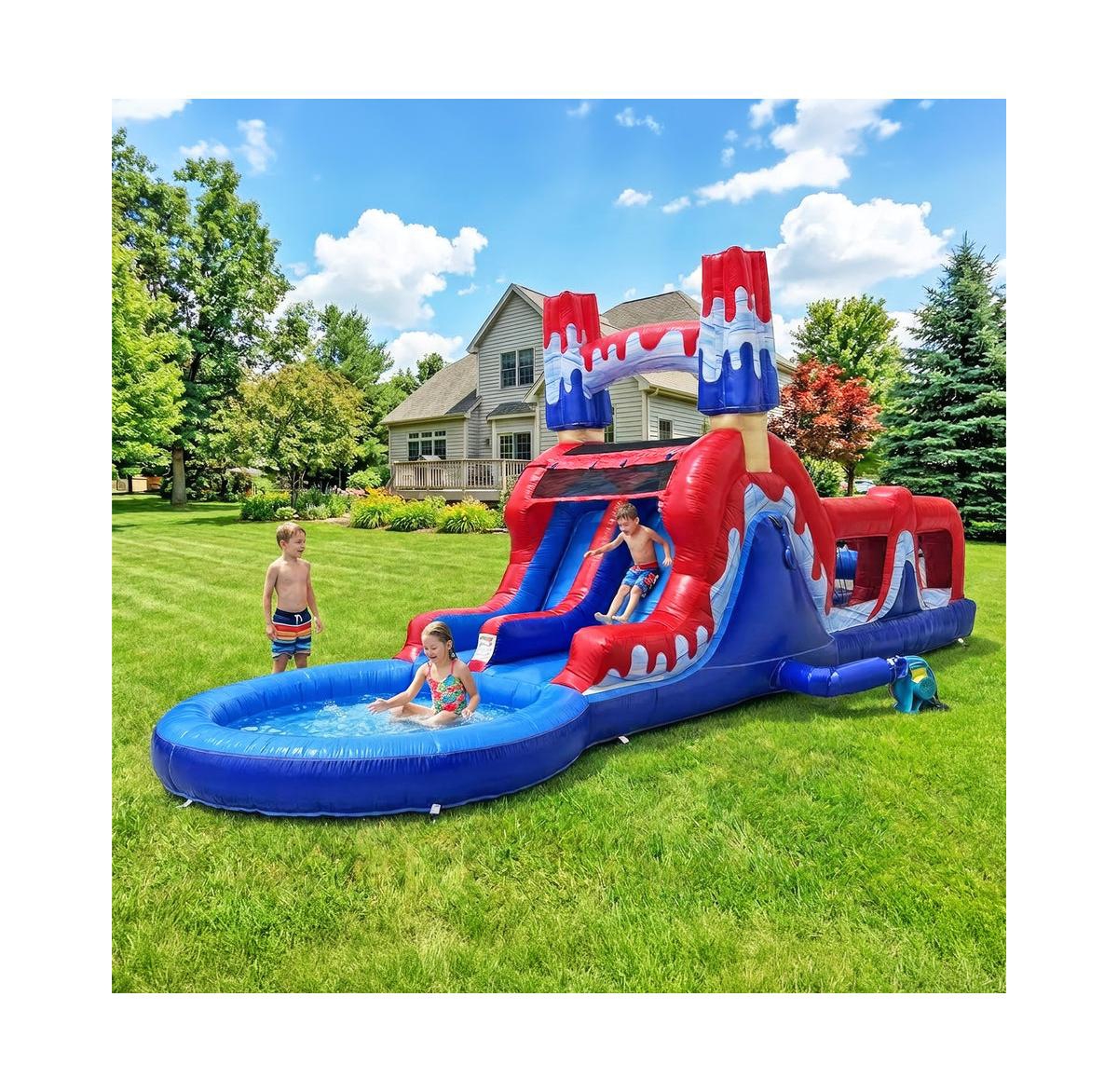 Pop Jump Ice Rocket 28' x 9' x 12' Dual-Lane Waterslide Obstacle Course with Pool, 8-User, Ages 3+