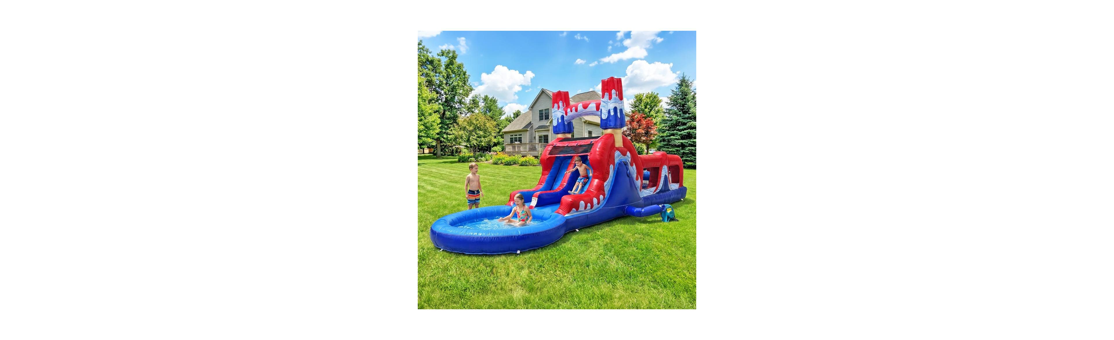 Pop Jump Ice Rocket 28' x 9' x 12' Dual-Lane Waterslide Obstacle Course with Pool, 8-User, Ages 3+