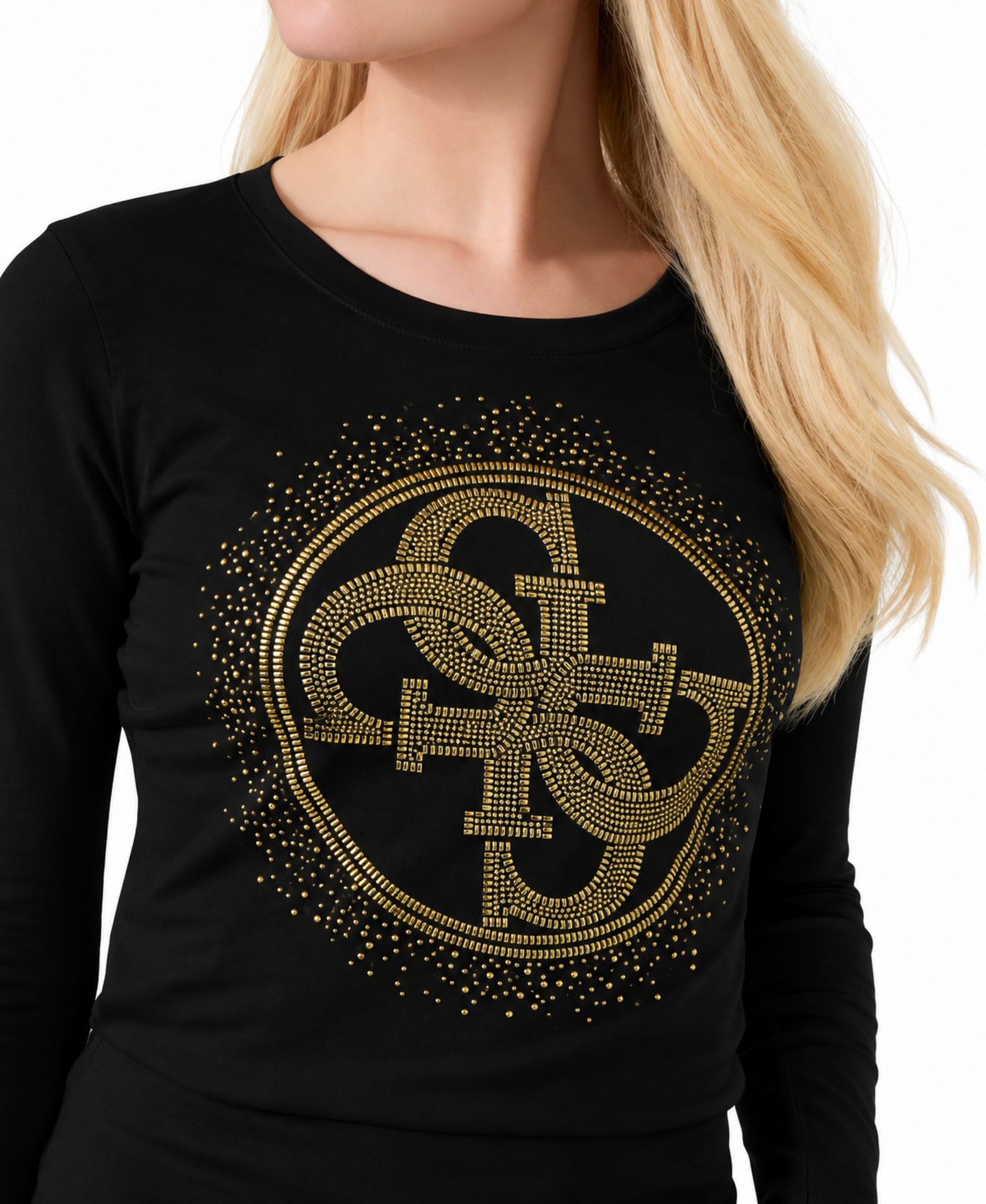Женская футболка GUESS 4G Round Crystals Long-Sleeve Crewneck, цвет: Угольно-чёрный — фото 4