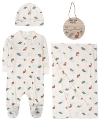 Baby Boys' or Baby Girls' Dinosaur Long-Sleeve Coveralls, Hat, Blanket and Wooden Sign, 4-Piece Set