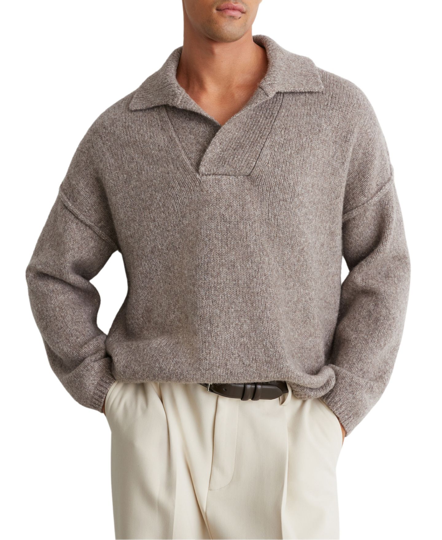Мужской свитер REISS Vatali Open-Collar Wool-Blend Melange-Knit Pullover, цвет: Серо-коричневый коричневый меланжевый — фото 1