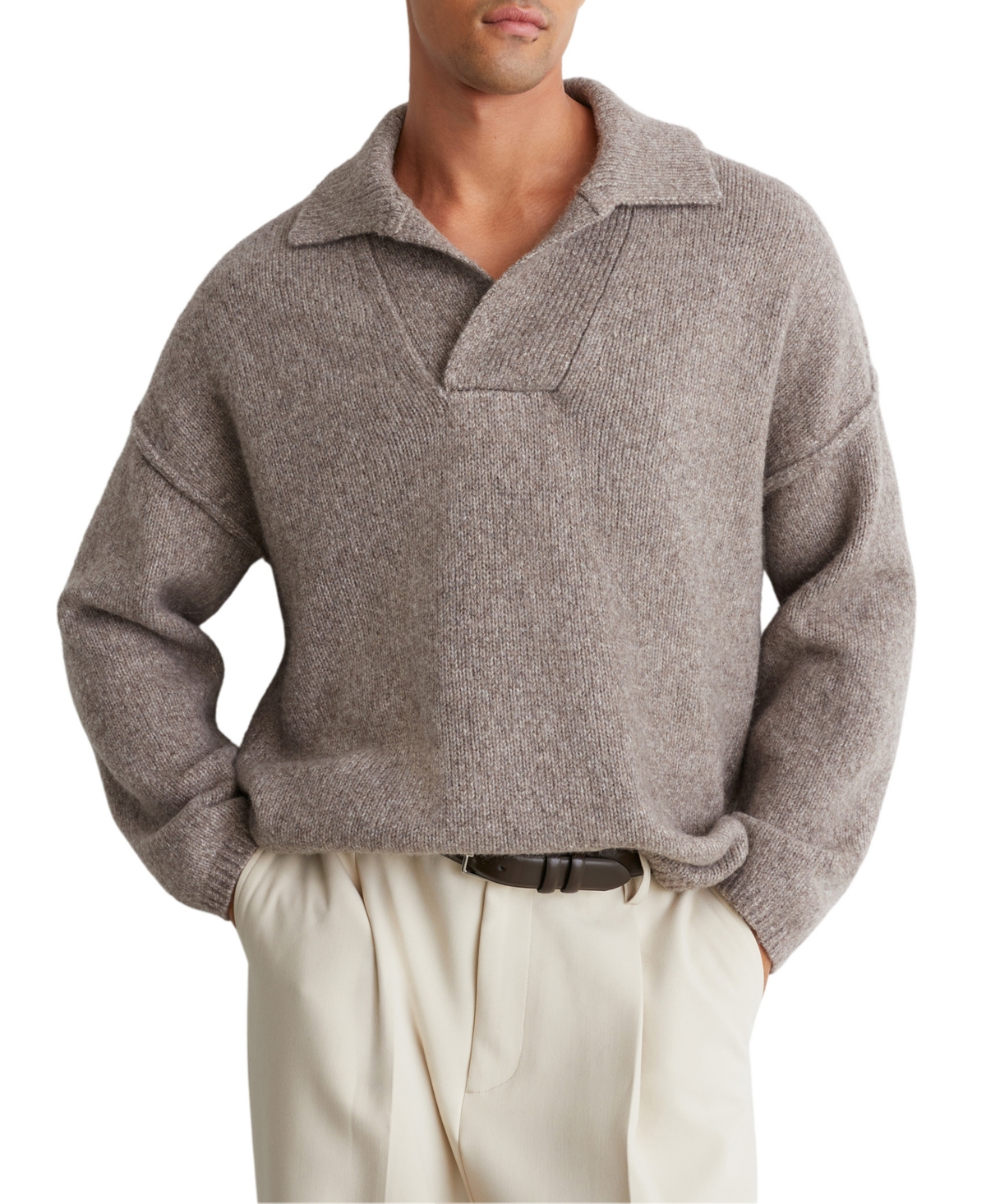 Reiss Men's Vatali Open-Collar Wool-Blend Melange-Knit Pullover Sweater