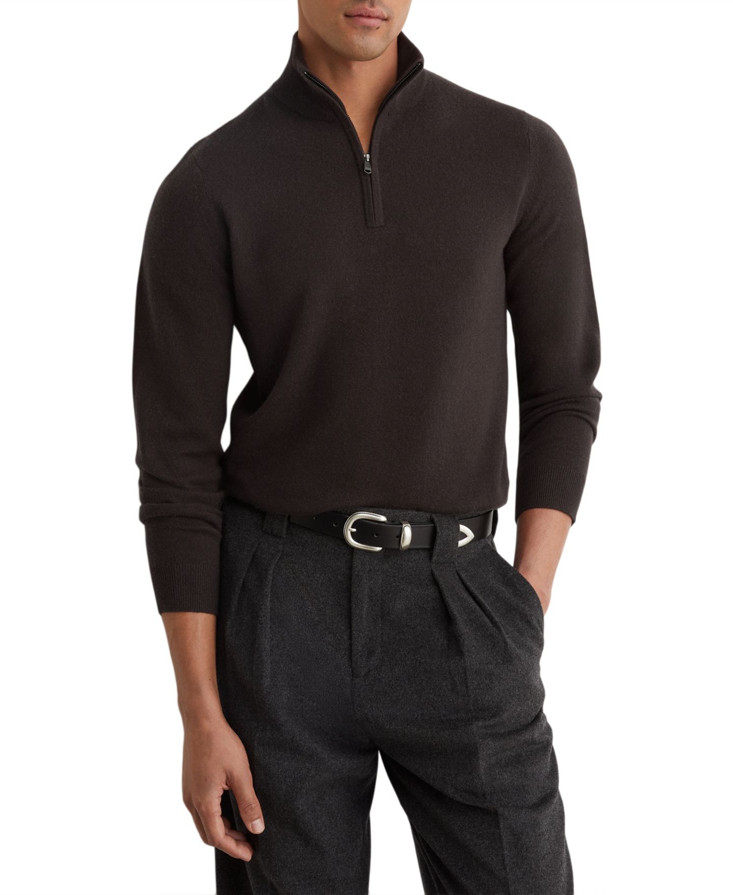 Мужской свитер REISS Royal Half-Zip Regular-Fit Cashmere, цвет: Шоколадный меланжевый — фото 1