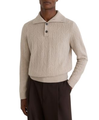 Men's Half-Button Ribbed Funnel-Neck Cable-Knit Wool Sweater