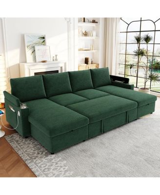Convertible U-Shaped Sectional Sofa Bed with Storage and USB
