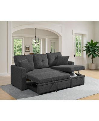  76.5" Linen Blend Upholstered Sectional with Pull-Out Bed and Chaise Storage