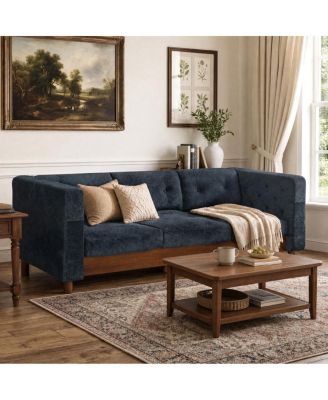  78" Modern 3-Seater Chenille Sofa with Tufted Back and Wood Legs, Blue