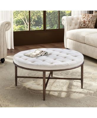 36" Modern Round Tufted Ottoman Coffee Table with Hammered Metal X-Base