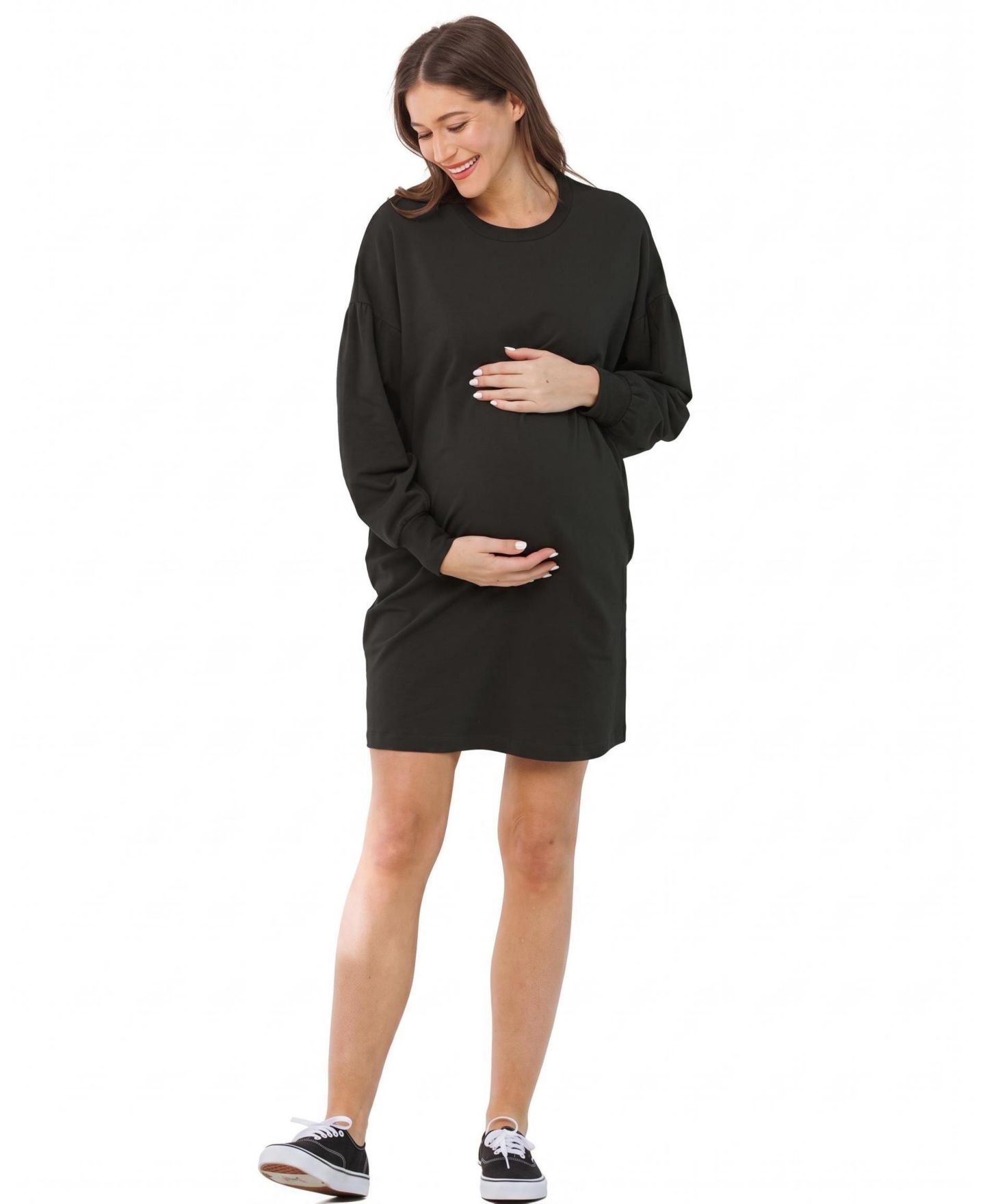 Женское платье Hello Miz Maternity Crewneck Cotton-Blend Balloon-Sleeve Sweater Dress with Pockets, цвет: Чёрный — фото 4