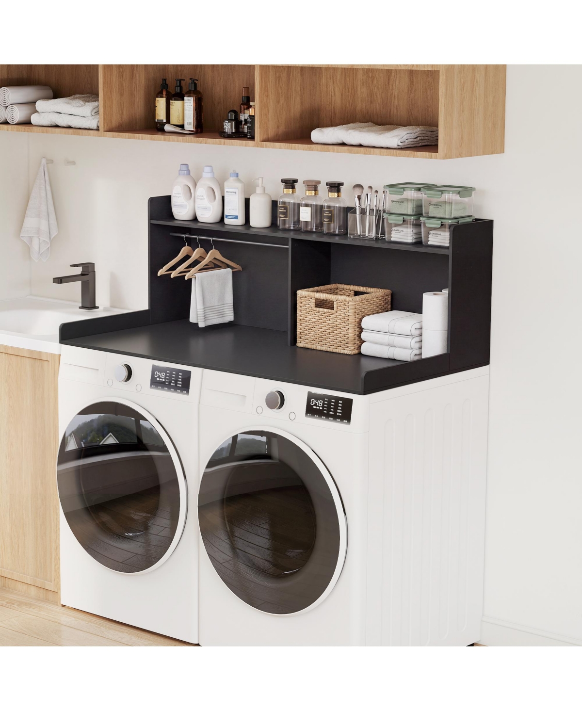 homfan 2-Tier Mdf Space-Saving Washer Dryer Shelf with Hanging Rod