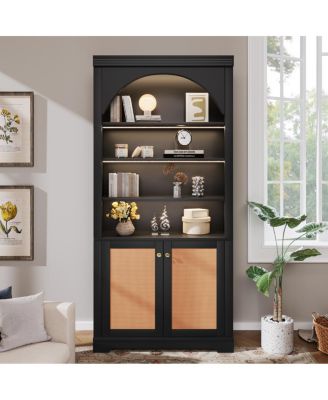 Tall LED Bookshelf with Rattan Doors and Adjustable Shelves