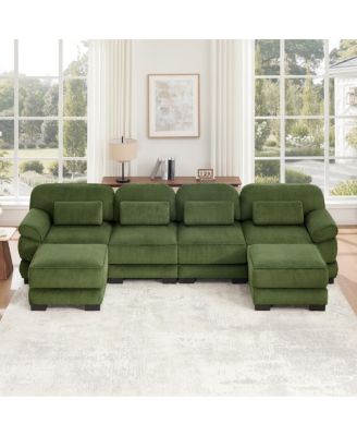 U-Shaped Modular Sectional Sofa, 4-Seater Sofa with 2 Ottomans, Breathable Corduroy Thick Seat Cushions, for Living Room Bedroom Apartment