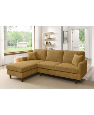 Corduroy Upholstered Sectional with Wooden Legs and Toss Pillows